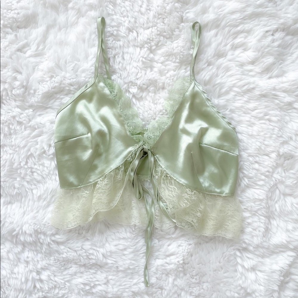 green satin silk lace tie front tank